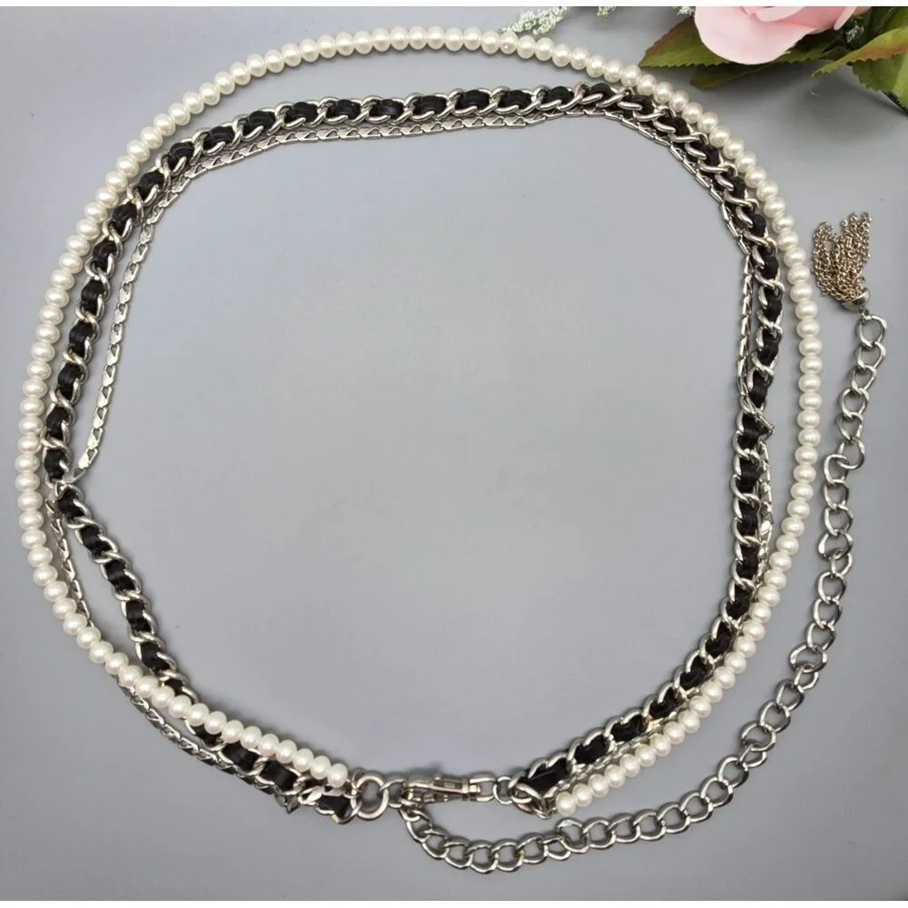 Great Multi Chain & Faux Pearl Silver Tone Adjustable Belt Faux Leather 37-50 in
